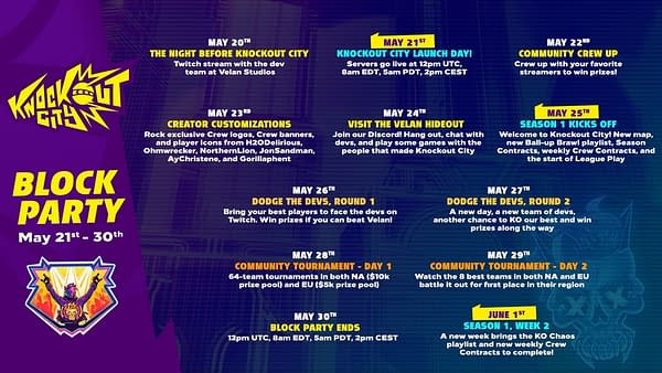 A look at the Knockout City Block Party schedule, courtesy of Electronic Arts.