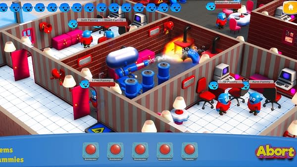 A screenshot from Panic Mode by Moebiusgames, in which a flamethrower is incinerating some of the Pammies in your care.