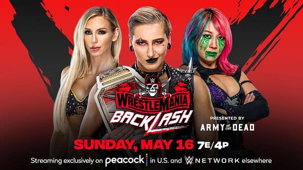 WWE WrestleMania Backlash match graphic: Rhea Ripley vs. Asuka vs. Charlotte Flair for the Raw Women's Championship