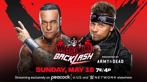 WWE WrestleMania Backlash match graphic: Damian Priest vs. The Miz in a lumberjack match