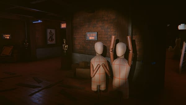 A screenshot from Hello Puppets! Midnight Show, in which you as Owen are hiding from your own murderous and sadistic puppet creations. Attributed to tinyBuild.