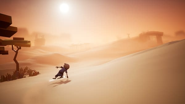 Another screenshot from Omno by StudioInkyfox and Future Friends Games, in which the main hero character traverses a hot, dry desert.