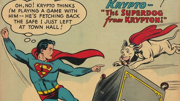 Adventure Comics #210 featuring Krypto: A vintage comic illustration featuring a superhero resembling Superman in a blue costume with a red cape, pointing and looking concerned. A white dog with a red cape labeled Krypto is energetically retrieving a safe.