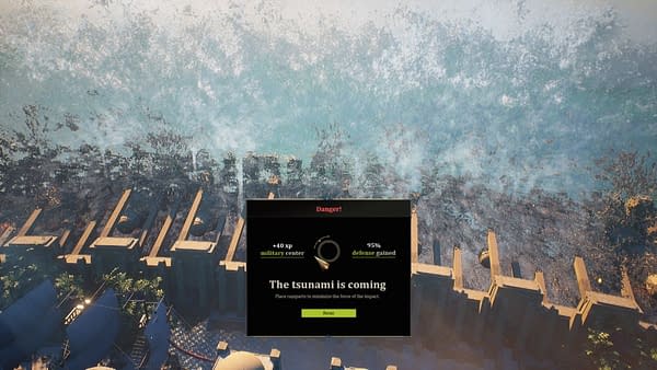 A dramatic screenshot from City of Atlantis by SuperIndie Games, wherein a tsunami is fast approaching and the player must think fast to avert the devastation of the city.