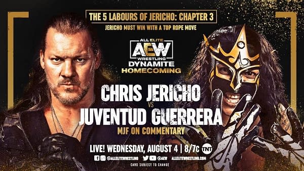 Juventud Guerrera makes his long-awaited return to TNT to take on Chris Jericho in the third labor of Jericho at AEW Dynamite: Homecoming at Daily's Place in Jacksonville, Florida on Wednesday, August 4th.