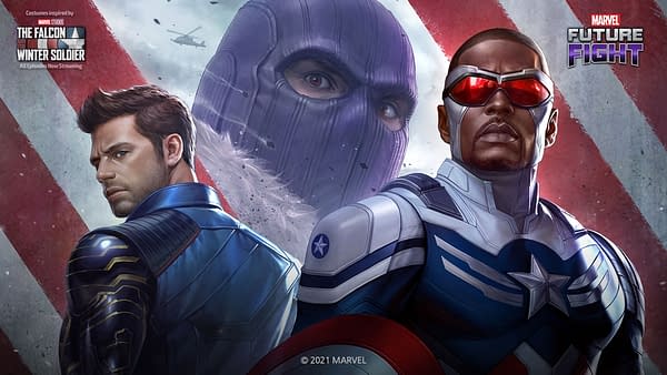 Finally, we're seeing Falcon in that new Cap uniform and the shield jump into the game. Courtesy of Netmarble.