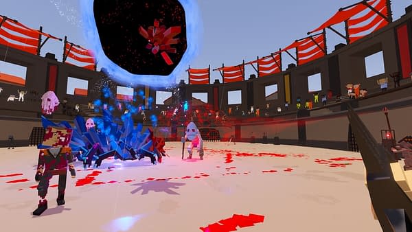 A screenshot from South East Games' voxel-style first-person brawler game, Paint The Town Red. In this screenshot, the main character is squaring up against competitors in a Roman-style endless arena mode.