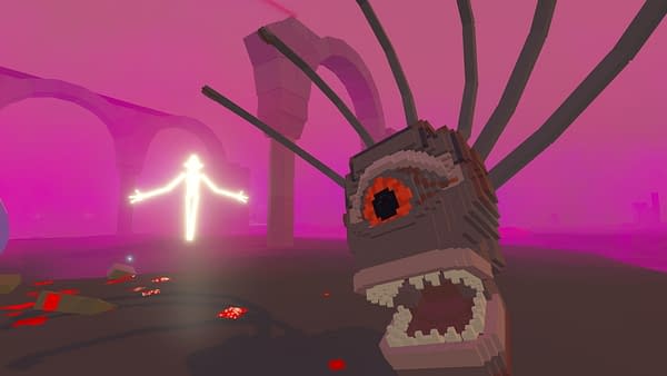 Another screenshot from Paint The Town Red, in which the player character faces a fantastical, Beholder-like creature. Image attributed to indie game developer South East Games.