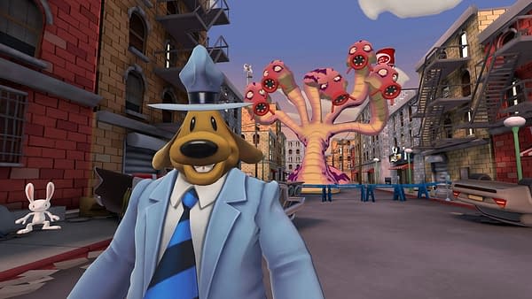 Another screenshot from Sam & Max: This Time It's Virtual! for the Oculus Quest, in which the titular duo prepares to face a fearsome hydra-like beast in hand-to-hand combat... Or flee from it. It could go either way, most likely.