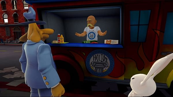 A screenshot from Sam & Max: This Time It's Virtual!, in which the duo speaks with a street food vendor.
