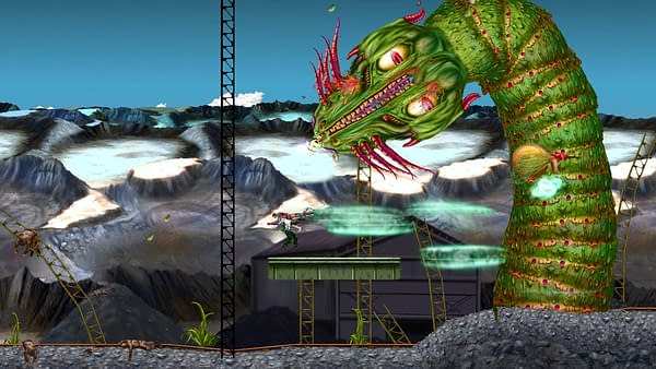 Another screenshot from indie game Weapon of Choice DX by Mommy's Best Games, in which the main character faces off against a dragon-like alien from way beyond the stars.