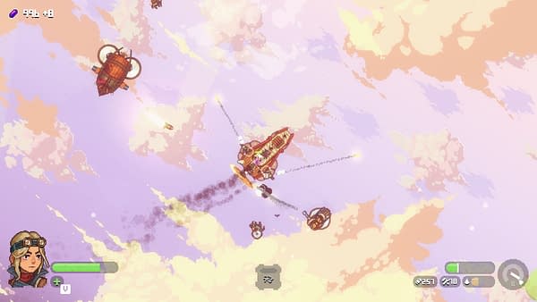 A screenshot from Black Skylands, a "skypunk" game by tinyBuild and Hungry Couch Games, in which aerial combat is taking place.