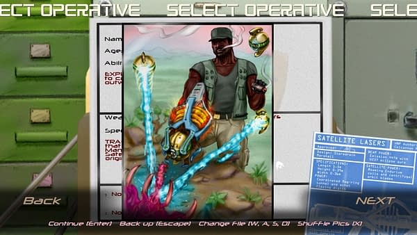 The dossier-like character creation screen from run-and-gun sidescroller Weapon of Choice DX by independent developer Mommy's Best Games.