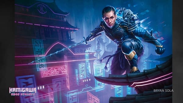 The key art from Kamigawa: Neon Dynasty, an upcoming Magic: The Gathering set releasing in Q1 2022. This art features Kaito, a new Planeswalker character who will be appearing in the set. Illustrated by Bryan Sola.