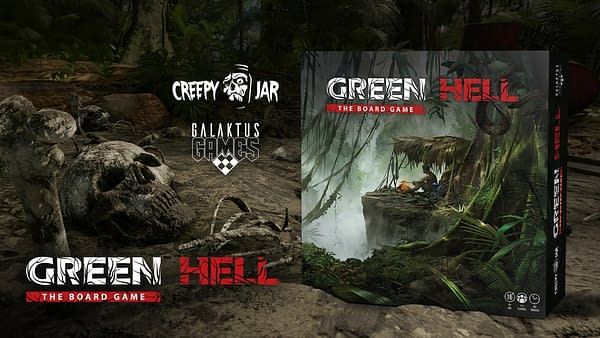 The front cover of the box for Green Hell: The Board Game, a tabletop game adapted from the open-world survival simulator. Image attributed to designer Galaktus Games.