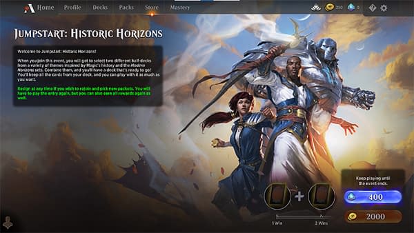 Wizards of the Coast's lobby for Jumpstart: Historic Horizons, part of Magic Arena, Magic: The Gathering's online interface.