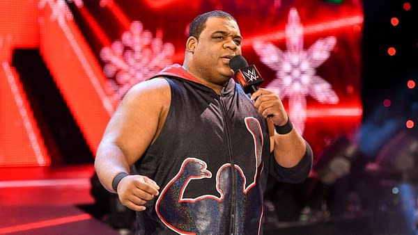 Keith Lee on the mic during WWE Raw, courtesy of WWE.