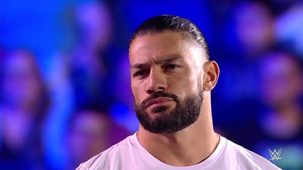 Screencap from WWE Smackdown featuring Roman Reigns, who will surely main event WrestleMania 39 this year.