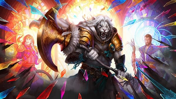 Key art from Dominaria United, the next upcoming expansion set for Magic: The Gathering, featuring the leonin warrior Ajani Goldmane.