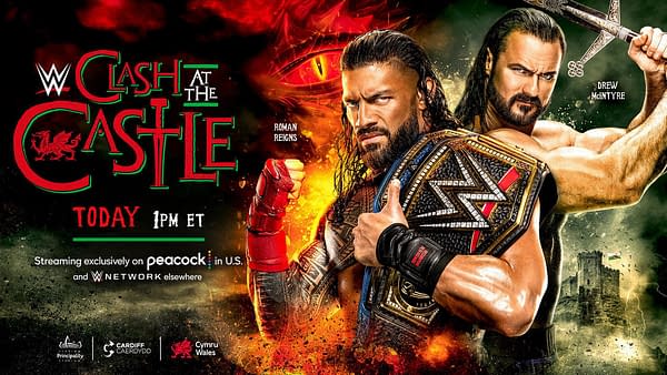WWE Clash at the Castle promo graphic: Roman Reigns vs. Drew McIntyre for the Undisputed WWE Universal Championship