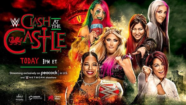 WWE Clash at the Castle promo graphic: Bianca Belair, Alexa Bliss, and Asuka vs. Bayley, Dakota Kai, and Iyo Sky