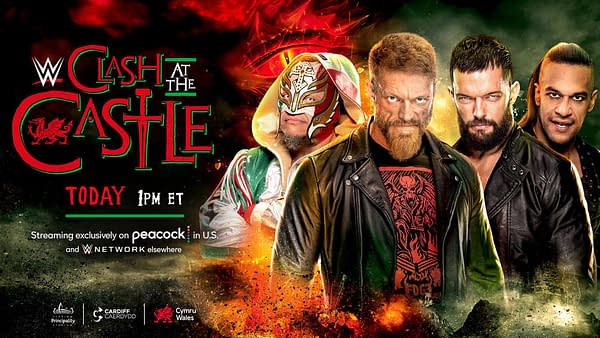 WWE Clash at the Castle promo graphic: Edge and Rey Mysterio vs. Finn Balor and Damian Priest