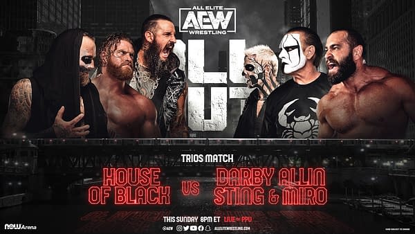 All Out promo graphic - Miro, Darby Allin, and Sting vs. House of Black
