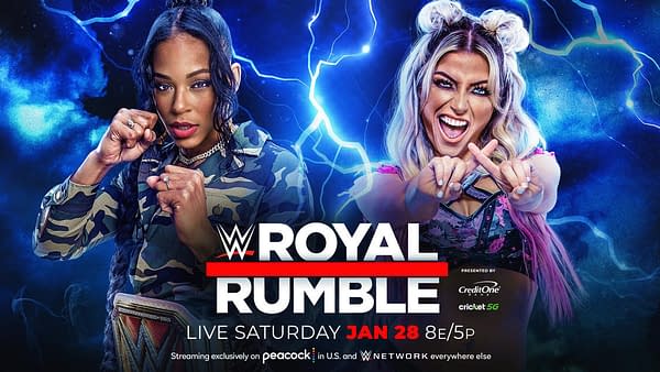 WWE Royal Rumble promo graphic for Bianca Belair vs. Alexa Bliss