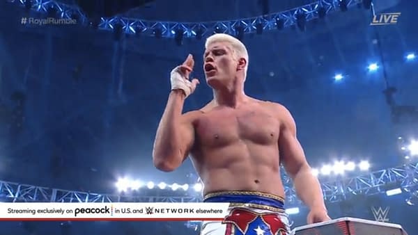 Cody Rhodes celebrates winning the men's 2023 Royal Rumble match