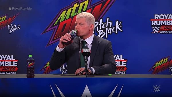 Cody Rhodes tries Mtn Dew Pitch Black for the first time at the Royal Rumble post-show press conference