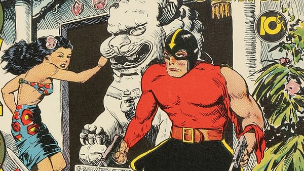 Vintage comic-book illustration of Spark Man in a red costume and black mask standing beside a woman and a white stone lion. The scene suggests a classic pulp superhero adventure tied to static electricity.