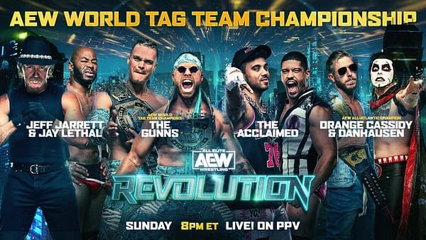 AEW Revolution promo graphic - The Gunns vs. The Acclaimed vs. Jeff Jarrett and Jay Lethal vs. Orange Cassidy and Danhausen