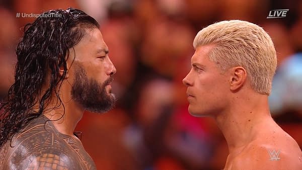 Roman Reigns and Cody Rhodes face off at WWE WrestleMania