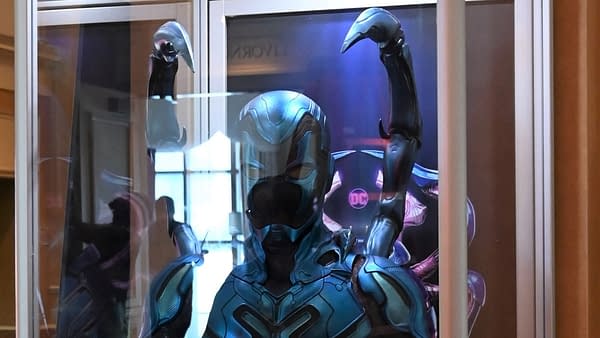 Blue Beetle costume display at CinemaCon 2023, photo by Denz.