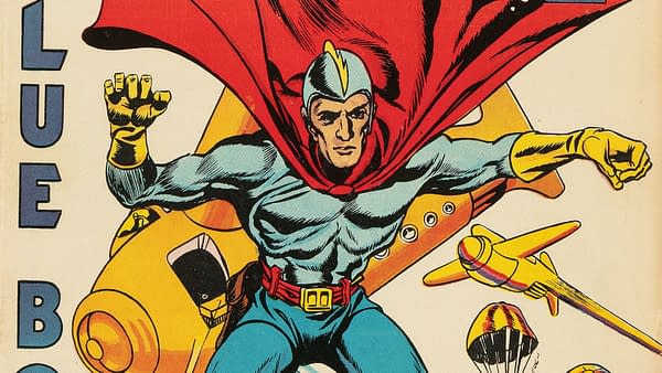 A vintage comic book cover featuring a superhero named Blue Bolt. He has a muscular build, wears a blue suit with a red cape, and strikes a dynamic pose against a colorful background with flying objects.
