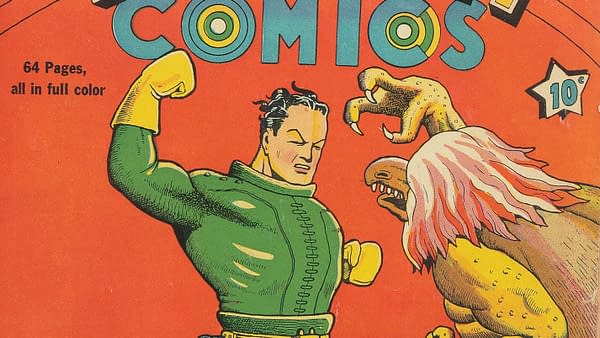 A vibrant comic book cover featuring a muscular hero in a green costume and yellow gloves facing off against a menacing creature with large claws and a monstrous head. The bold title 'COMICS' is displayed prominently at the top with a bright orange background.