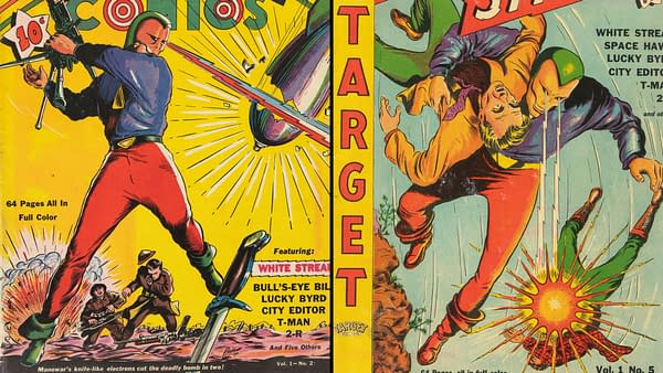 Target Comics #5 (Novelty Press, 1940) featuring White Streak. A colorful comic book cover featuring two characters engaged in action. One character, wearing a helmet and bright red pants, is aiming a weapon, while another character in an orange shirt is being thrown, surrounded by explosive graphic elements.