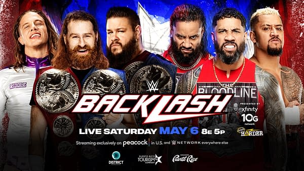WWE Backlash Preview Graphic for Kevin Owens, Sami Zayn, and Matt Riddle vs. The Bloodline