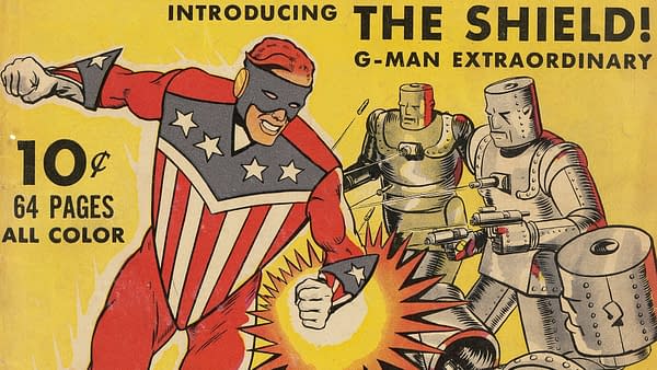 Pep Comics #1 (MLJ, 1940) introducing the Shield. A colorful comic book cover featuring The Shield, a superhero dressed in red, white, and blue with a star-emblazoned costume, depicted fighting against two robot foes. The background features bright yellow and explosive effects.