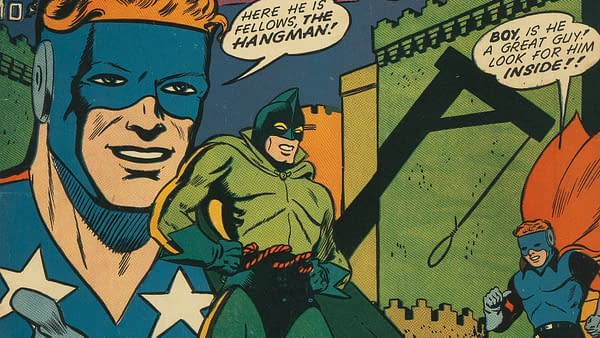 This comic book illustration features three characters: a superhero with a blue costume and orange hair, a character in a green outfit resembling a hooded figure, and another superhero dressed in red. The scene includes a castle backdrop and speech bubbles with dialogue referencing 'The Hangman.'