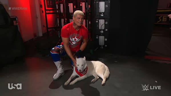 Pharaoh the dog appears on WWE Raw, accompanied by Cody Rhodes