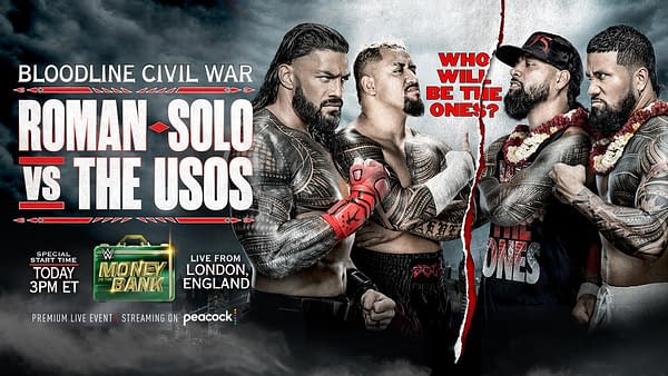 WWE Money in the Bank match graphic: Roman Reigns and Solo Sikoa vs. The Usos in Bloodline Civil War