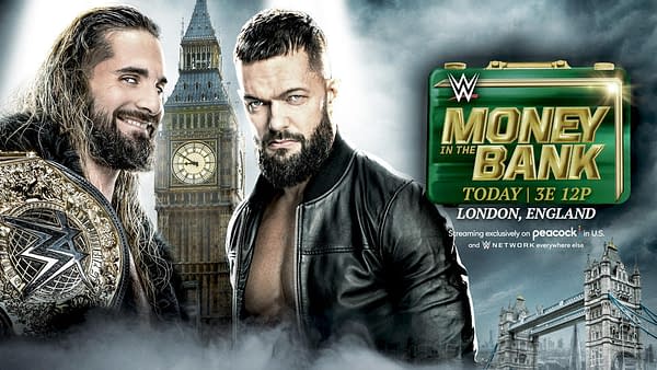 WWE Money in the Bank match graphic: Finn Balor vs. Seth Rollins for the World Heavyweight Championship