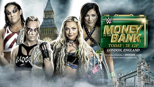 WWE Money in the Bank match graphic: Raquel Rodriguez and Liv Morgan vs. Ronda Rousey and Shayna Baszler for the Women's Tag Team Championship