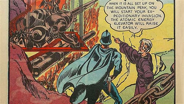 Comic art from Blue Bolt shows two figures in a rocky, industrial setting, with one pointing toward a large mechanical structure. A speech bubble mentions an