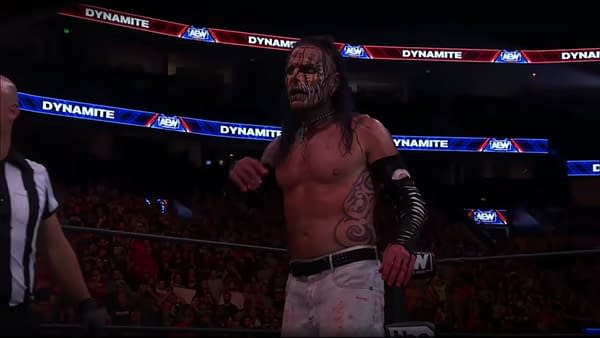 Jeff Hardy watches Leatherface appear during the Texas Chainsaw Deathmatch on AEW Dynamite