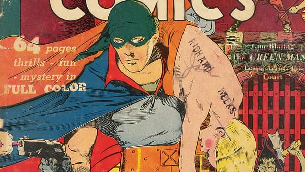 Mystery Men Comics #3 (Fox, 1939). A vintage comic cover titled 'Mystery Men Comics 3', featuring a hero in a mask and cape holding a character with visible tattoos, surrounded by colorful artwork and bold text detailing page count and themes.