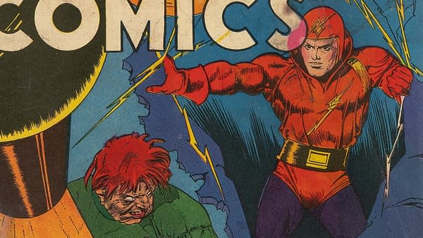 Science Comics #1 (Fox, 1940). A vintage comic book cover from 1940 features a dynamic illustration of a superhero in a red costume with lightning motifs, confronting a green-skinned character with red hair. The backdrop includes blue lightning bolts, enhancing the action scene.