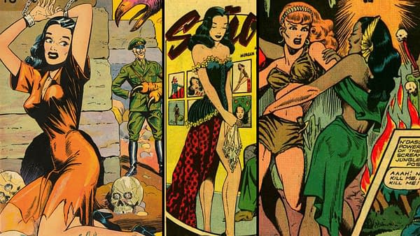 Fight Comics #40 (Fiction House, 1945) featuring Lily Renée's Señorita Rio and Matt Baker's Tiger Girl. A colorful illustration from World War II-era comics depicting Señorita Rio in various dramatic scenes, including a woman in chains, a soldier observing, and a fierce duel with another woman amidst jungle flames and skulls.