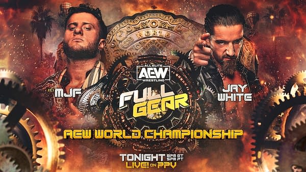A graphic promoting AEW Full Gear and its main event title match between MJF and Jay White